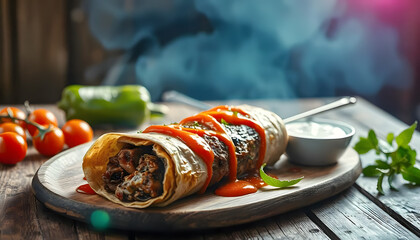 Healthy Byte  wrapped kebab topped with tomato sauce