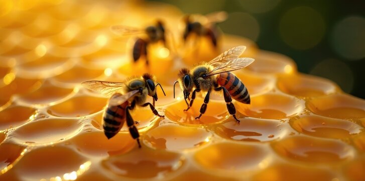 Honeybees meticulously crafting honey cells, golden honey glistening, rural, spring