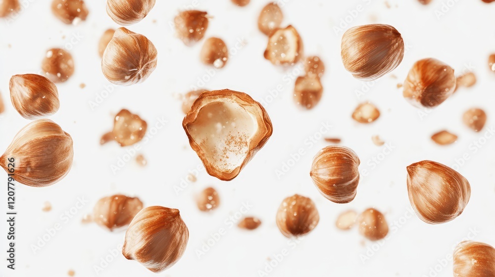 Poster hazelnuts scattered in mid-air with one halved nut showing inner texture on a white background with 