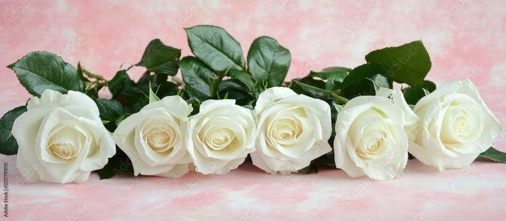 Poster white roses with green leaves arranged in a row on a soft pink background with copy space for text p