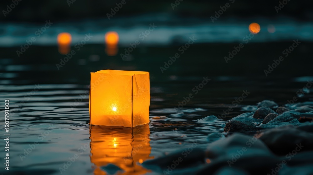 Aufkleber glowing paper lanterns floating on calm water at dusk with soft reflections and illuminated stones i