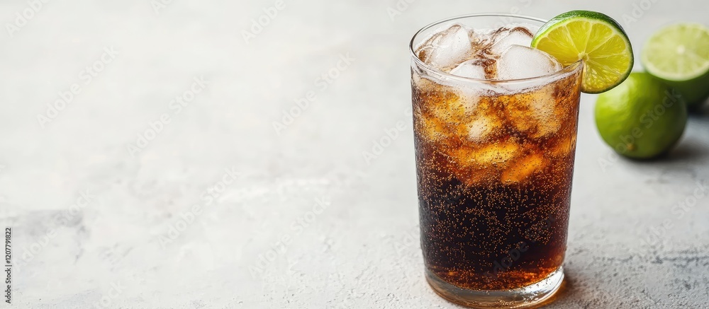 Poster refreshing dark soda drink served in a clear glass with ice and lime wedge on a light gray table wit
