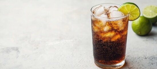Refreshing dark soda drink served in a clear glass with ice and lime wedge on a light gray table with fresh limes in the background and empty space for text