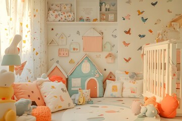 An enchanting baby nursery decorated with colorful house motifs and playful birds, featuring soft pastel colors and cozy elements like plush toys and whimsical patterns