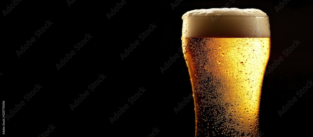 Poster frothy freshly poured golden beer in a dimly lit pub setting with black background and empty copy sp