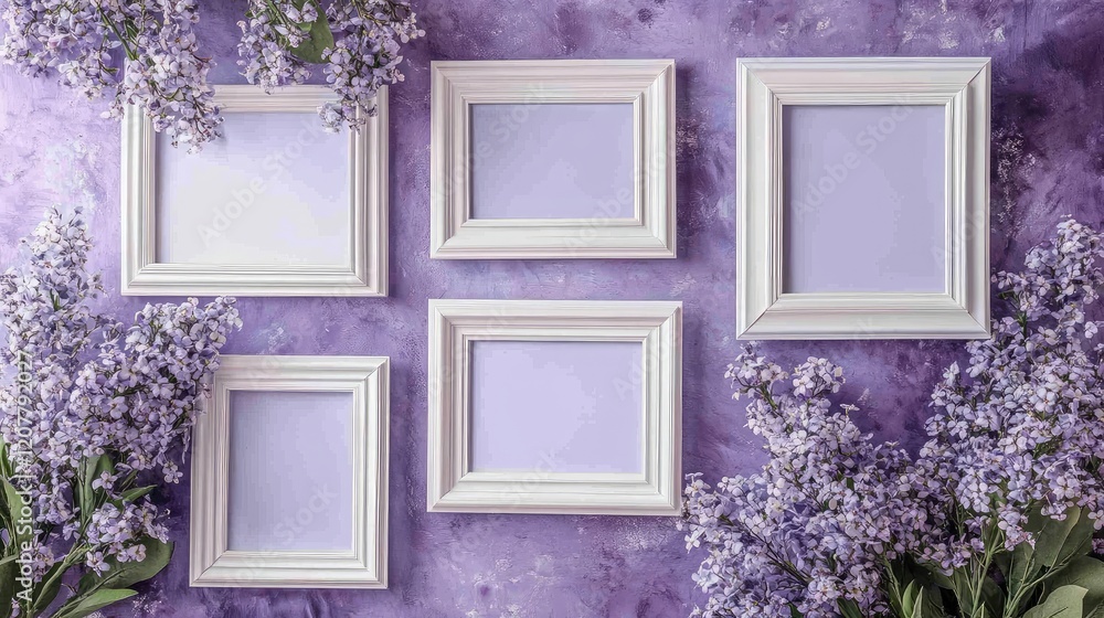 Poster empty white picture frames arranged on a textured purple background with lilac flowers and copy spac