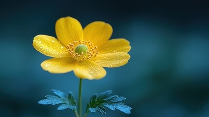 Fototapeta premium A Single Yellow Flower with Dew Drops
