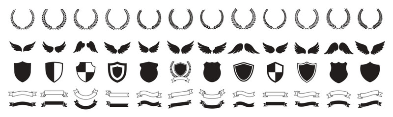 set of Laurel wreath, wing, shield, ribbon, banners, Containing laurel wreath, wing, shield, ribbon, banners for awards, heraldry, logos, badges, and branding designs vector illustration