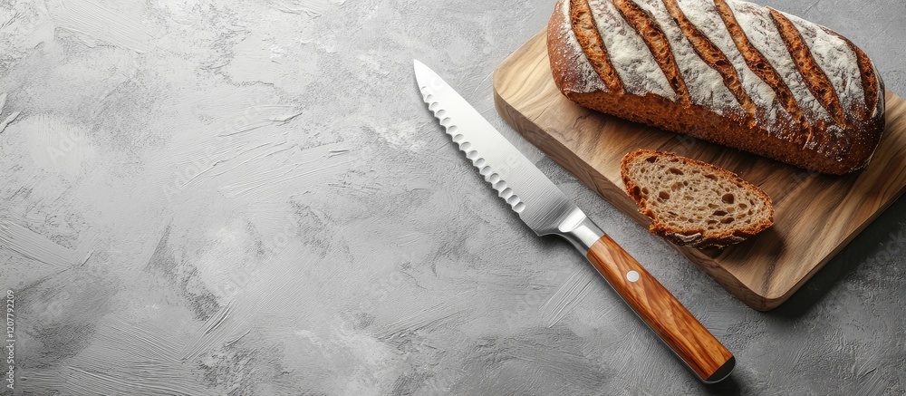 Poster freshly sliced rye bread on wooden cutting board with knife and slice on gray textured background wi