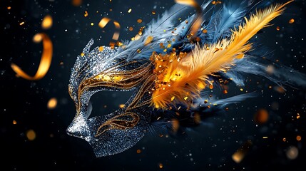 Elegant masquerade mask with feathers, confetti, celebration