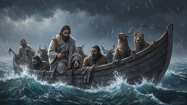 Prophet Nuh Noah on Ark amidst rising floodwaters animals inside stormy skies above
