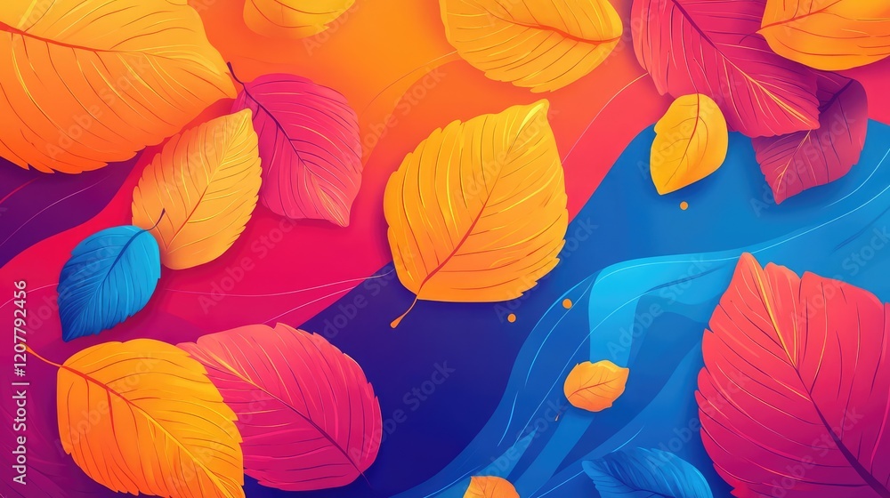 Aufkleber colorful autumn leaves on a vibrant abstract background with gradient waves and copy space for text 