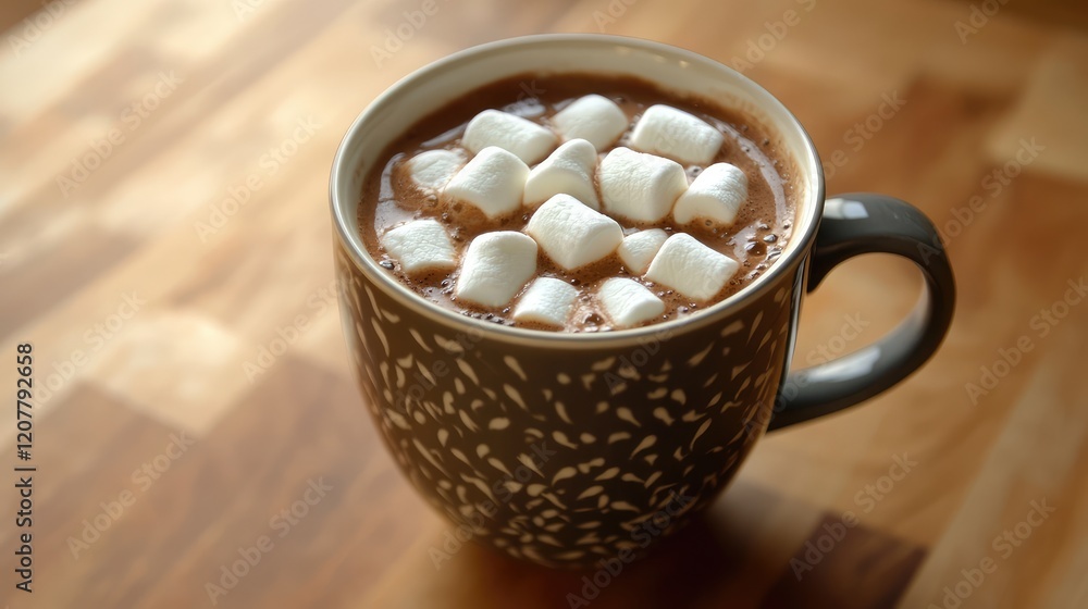 Poster hot chocolate in a patterned mug topped with marshmallows on a wooden table with copy space