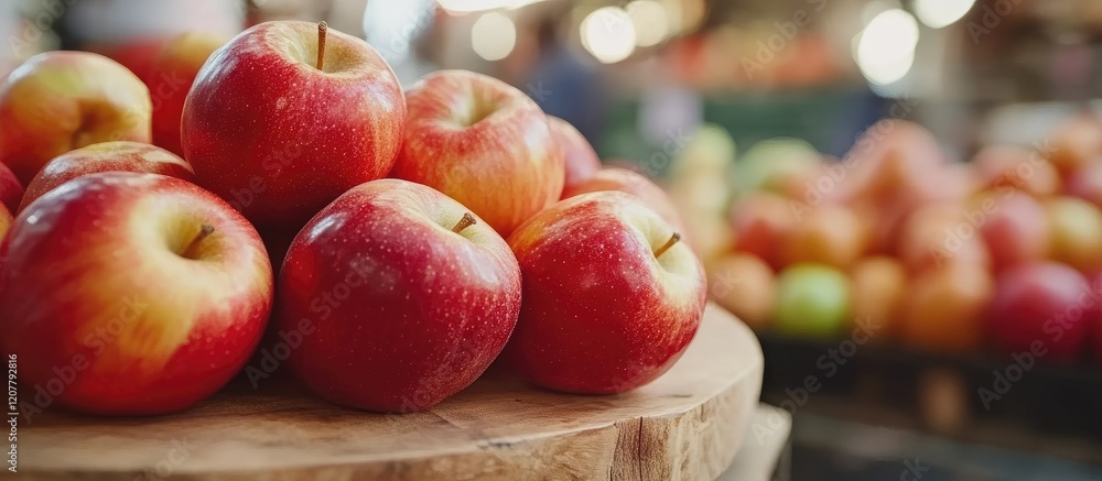 Poster vibrant red polished apples arranged on a rustic wooden platter in a lively market setting with soft