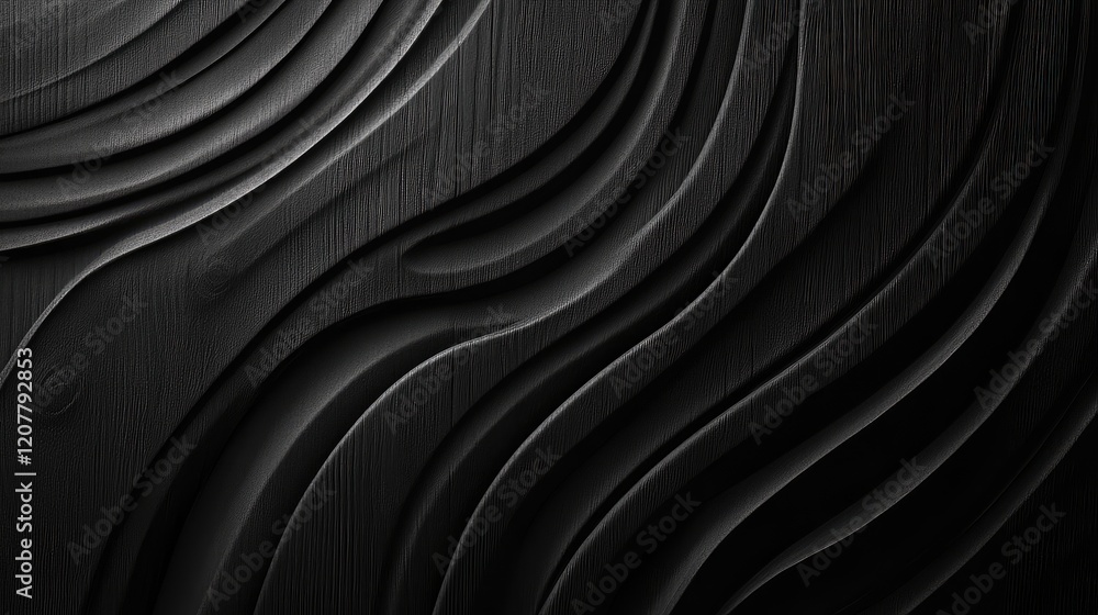 Poster black textured wood background with wavy relief patterns and deep shadows, suitable for graphic desi