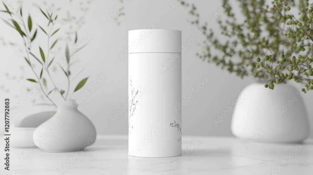 Poster white cylindrical container with floral design surrounded by minimalistic vases and greenery on ligh