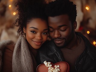 Naklejka premium Couple cuddling, Valentine's gift, bokeh lights, romance