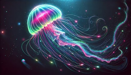 An illustration of a glowing jellyfish floating gracefully in dark, deep ocean water