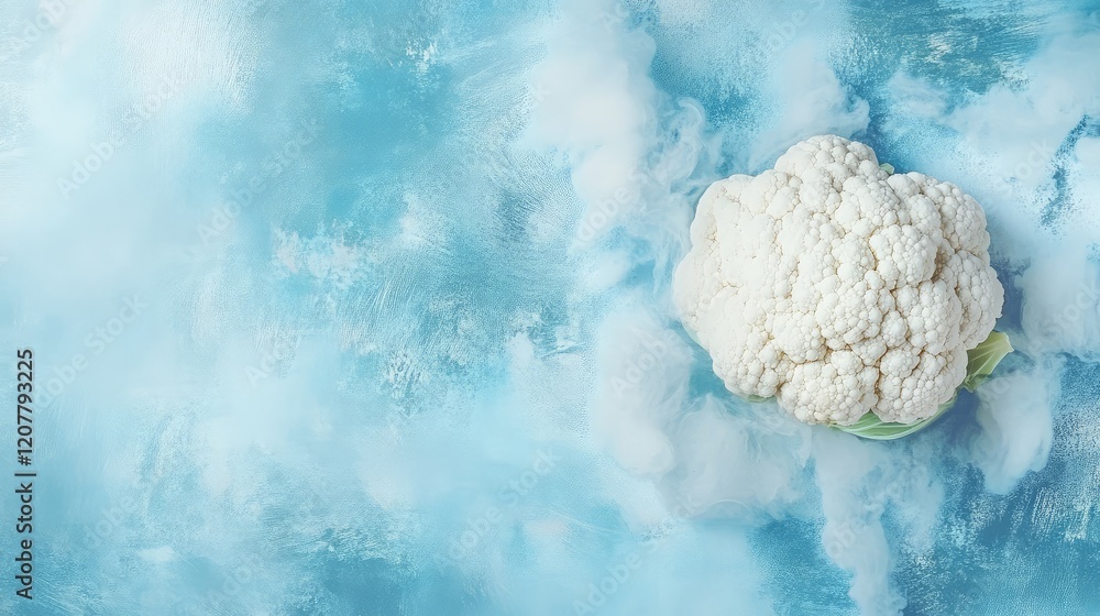 Poster fresh cauliflower on a textured blue background with cloud-like patterns and ample copy space for te