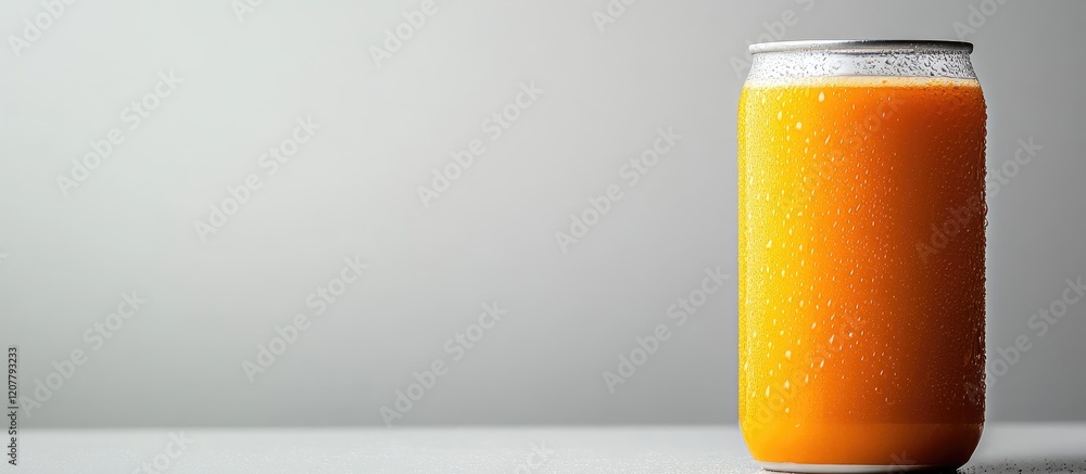 Poster orange beverage in a metallic can with a clean background and copy space for text placement.