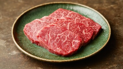 Freshly cut raw marbled beef slices arranged on a green ceramic plate with dark textured background Copy Space