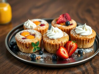 Breakfast Cakes with Fruits and Whipped Cream on a Tray, breakfast spread, fruit arrangement, morning treat