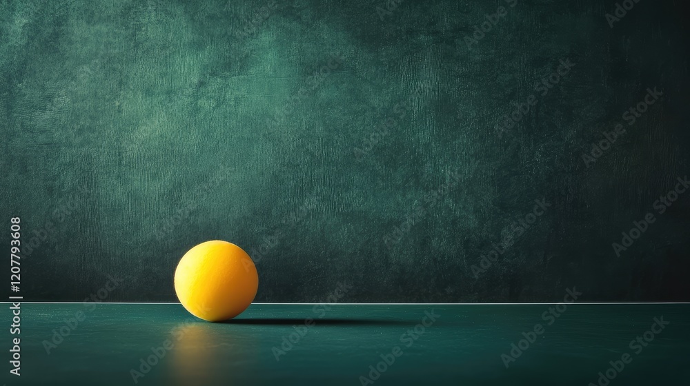Poster minimalist composition of a single yellow ball on a dark green textured background with ample copy s