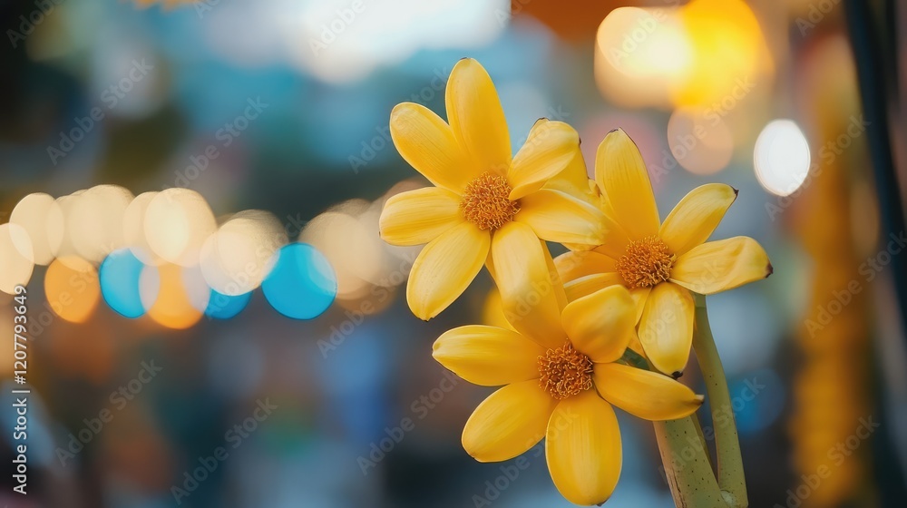 Poster yellow flowers with blurred background bokeh effect in outdoor setting showcasing vibrant colors and