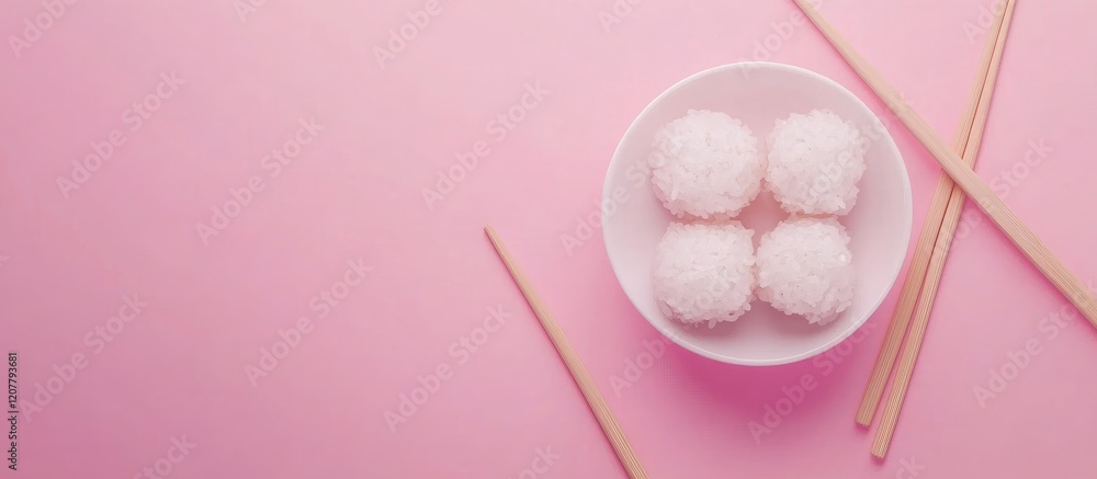 Poster delicious sushi with asian flavors on a soft pink background with empty space for custom text and wo