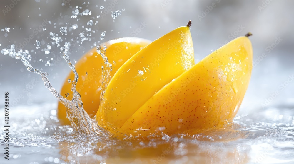 Poster freshly sliced yellow mango splashing in water with droplets and copy space for text