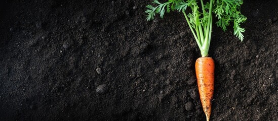 Freshly harvested carrot with green foliage protruding from dark soil, showcasing organic gardening, healthy food concept, Copy Space