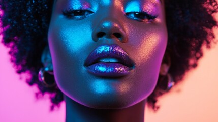 Obraz premium In a studio beauty photography session, a close-up captures metallic lipstick on lips, complemented by a vibrant purple and teal background, enhanced with a neon light effect and glossy pink lip