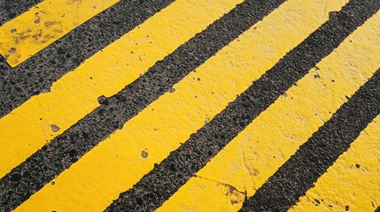 Fototapeta premium Close-up of weathered yellow pedestrian crosswalk lines on asphalt surface with copy space for text placement