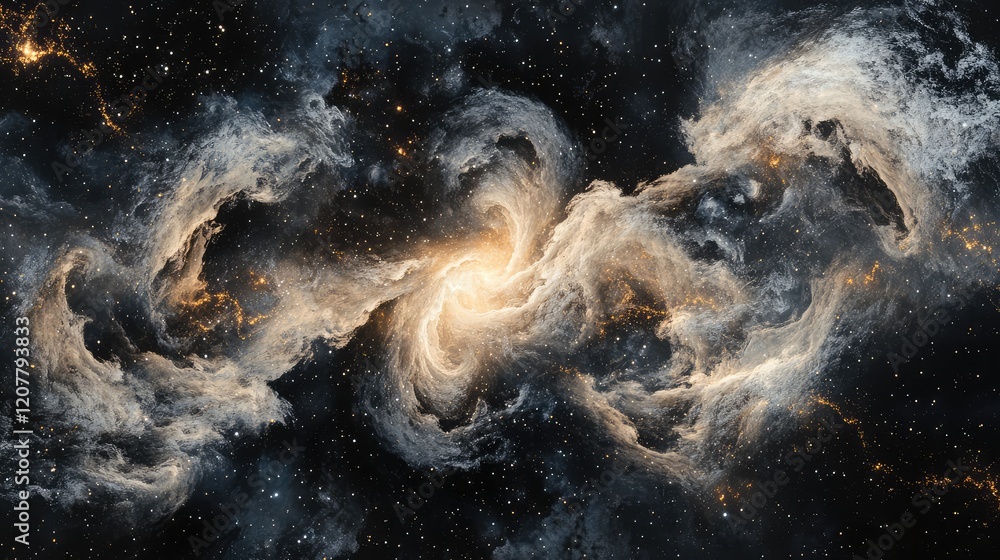 Poster abstract cosmic nebula in deep space with swirling clouds of gas and bright stars against a dark bac