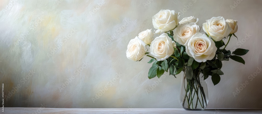 Poster white roses in a glass vase with soft blurred background and ample copy space for text placement