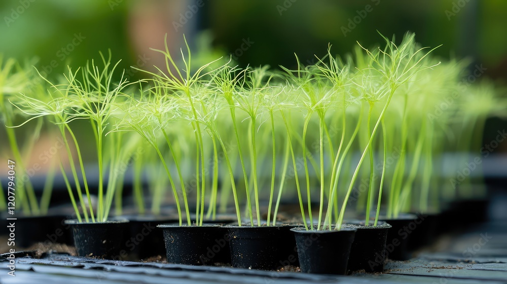 Aufkleber green seedlings in small black pots on a nursery tray with blurred background and copy space for tex
