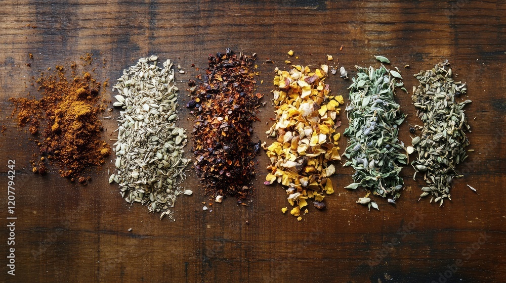 Poster Assorted spices and herbs arranged in rows on a wooden surface with textured background Copy Space