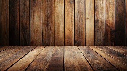 Naklejka premium Wooden wall and floor background texture with natural wooden planks and copy space for text placement