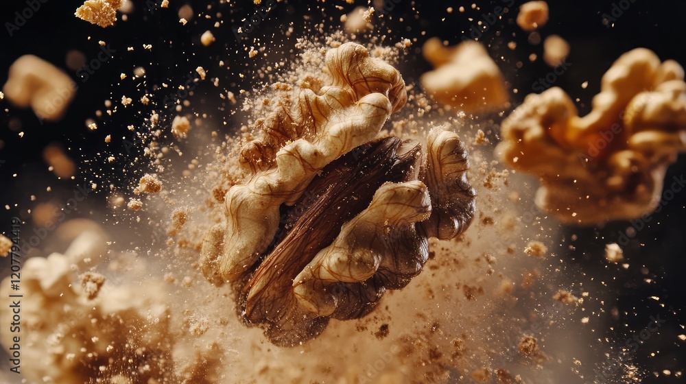 Poster high-resolution close-up of exploding walnut with particles and dust against dark background copy sp
