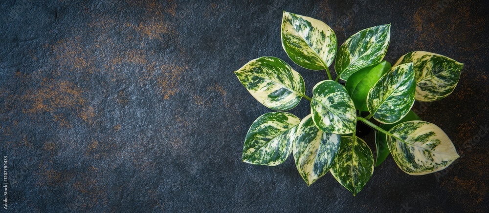 Poster green pothos leaves on dark textured background with copy space for text
