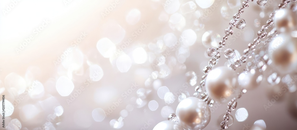 Poster close-up of elegant pearls and beads on a light background with bokeh effect and copy space for text
