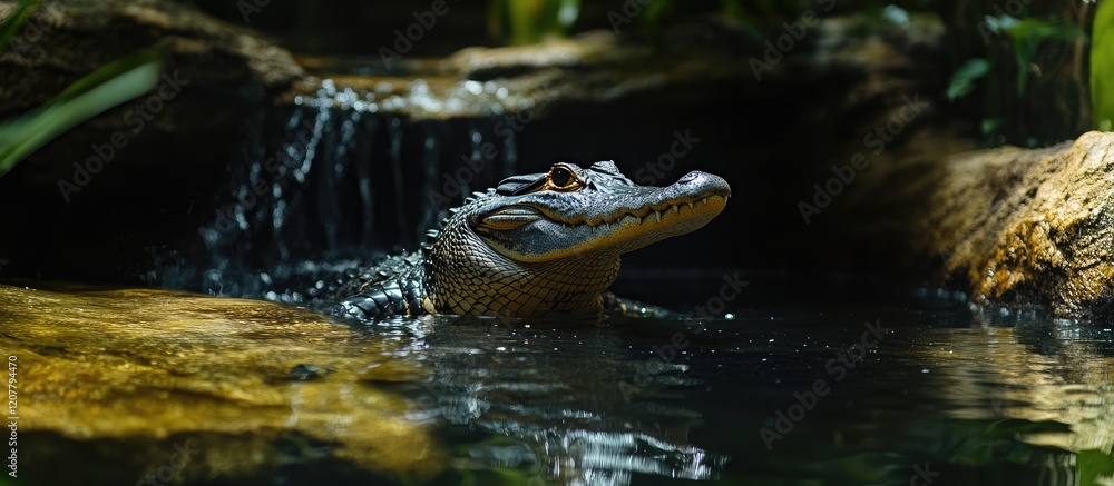 Poster freshwater alligator emerging from serene waters surrounded by lush greenery with cascading waterfal