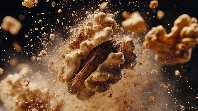 High-resolution close-up of exploding walnut with particles and dust against dark background Copy Space