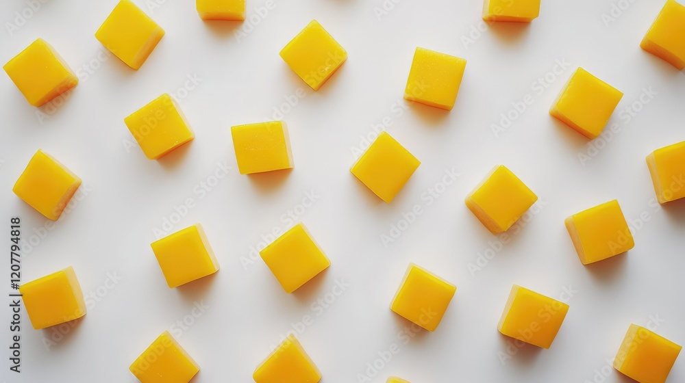 Aufkleber yellow cube-shaped cheese pieces arranged neatly on a white background with copy space for text.