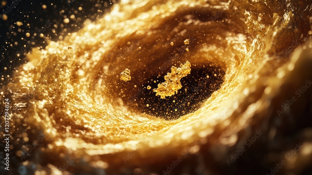 Aufkleber golden swirling liquid texture with particles creating dynamic motion and depth, suitable for abstra