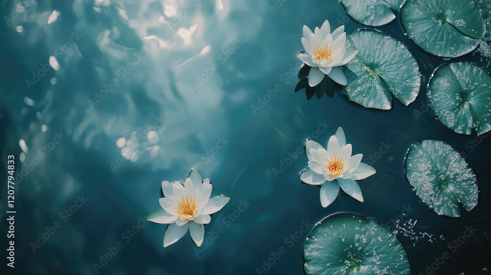 Poster white lotus flowers floating on calm blue water with green lily pads surrounding them and soft rippl