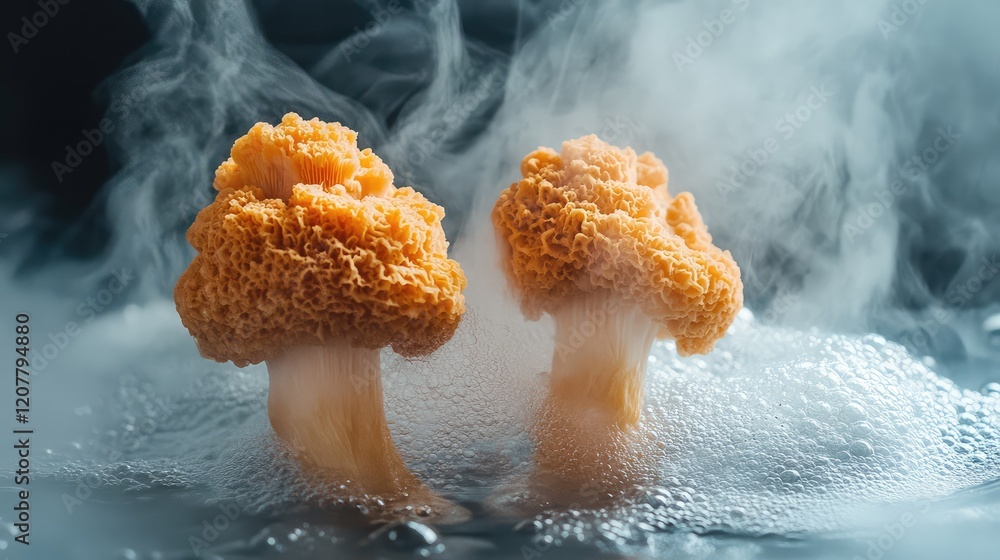 Poster mushroom cooking in steaming water with bubbles on a dark background showcasing texture and color. c