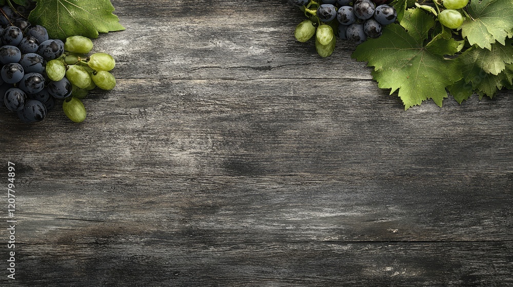 Aufkleber fresh green and black grapes with grape leaves on rustic wooden background with copy space for text 
