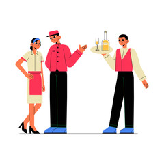 Waitstaff Group In Hotel Uniforms In Flat Vector Illustration Symbolizing Hospitality, Customer Service, And Restaurant Staff, Isolated On White Background.