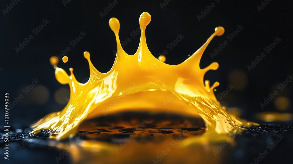 Aufkleber yellow liquid splash with crown shape against dark background and copy space for text. high detail m